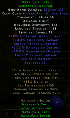 Natalyas Hass / Natalya's Odium Full Set - Diablo 2 Resurrected PC Ladder