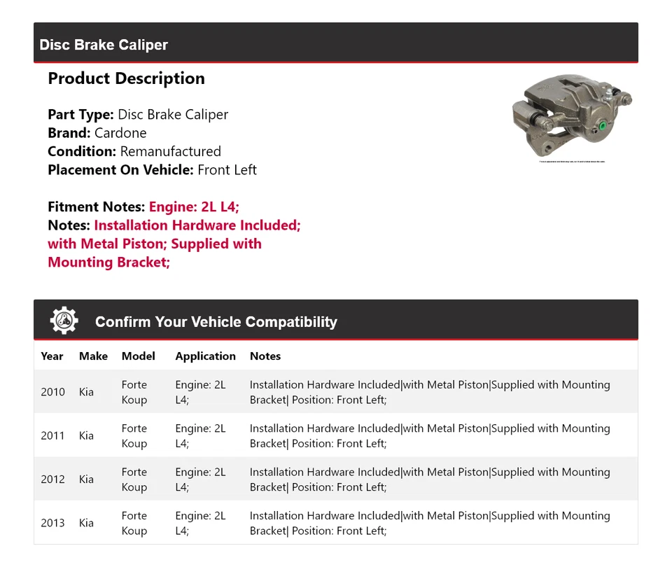 For 2010-2013 Kia Forte Koup 2L L4 Disc Brake Caliper Front Left Cardone 2011 - Image 2 of 4