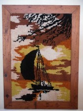Vintage Latch Hook Rug Tapestry Wall Hanging Art 70s Sailboat 33" X 45"