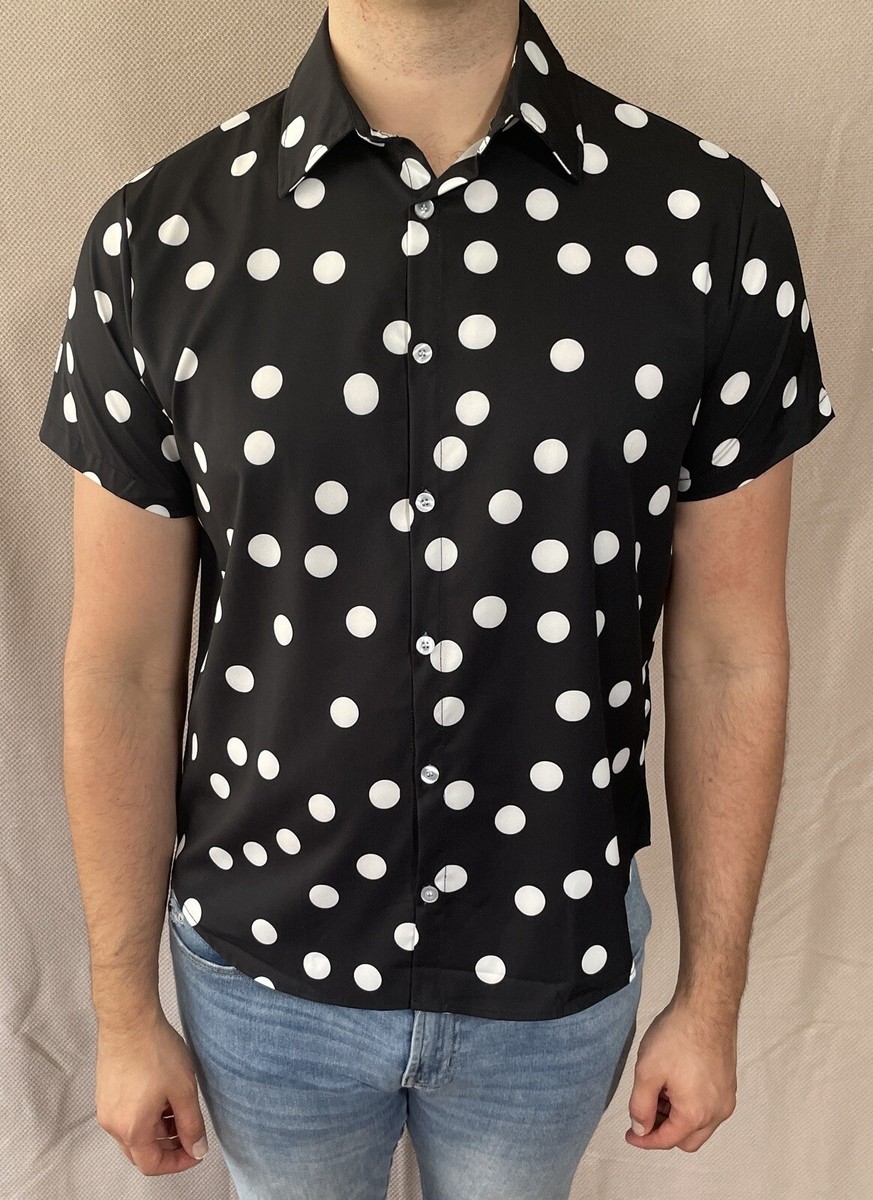 Men's Black & White Polka Dot Size L Short Sleeve Button Up