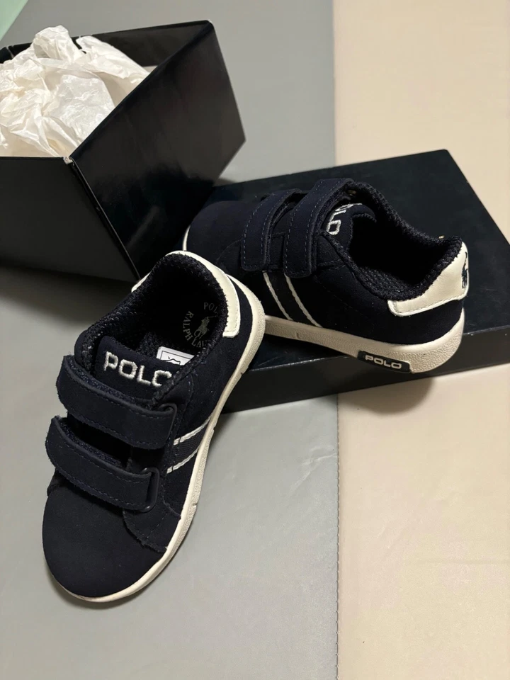 全新 Polo Ralph Lauren 学步儿童 男孩 皮革 Volley 运动鞋 海军蓝 尺码 6 全新带盒 — 第 2/4 张图片
