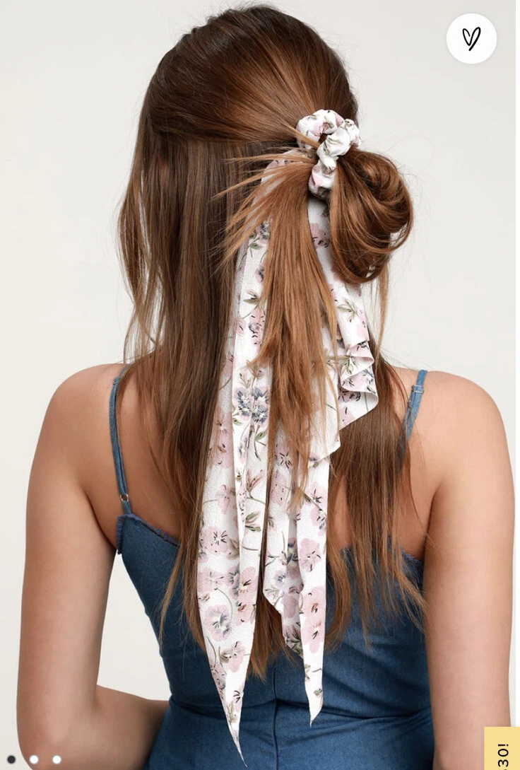 Breezy Blooms White Floral Print Scarf Ponytail Holder Scrunchie
