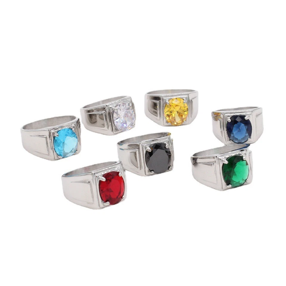 Hombres Mujeres Redondo Multicolor Piedra Anillo Plata Acero Inoxidable Pinky Fiesta Regalo Foto 3 de 4