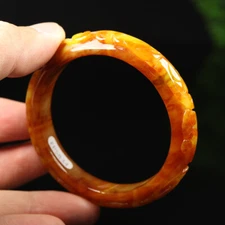 53mm Yellow Brown Jadeite Jade Bangle Bracelet Hand-carved Ruyi Lotus 11721
