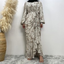 Floral Print Women Evening Long Dress ABaya Dubai Kaftan Modest Robe Party Gown