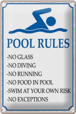 Blechschild Spruch 20x30 cm Pool Rules No glass no diving Deko Schild tin sign
