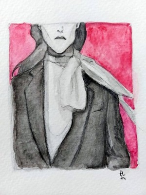 Original Watercolor Portrait Drawing   Black and Red Contemporary Art, 5x7 inch