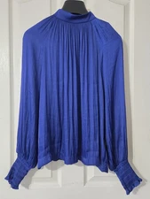 GAP Women’s High Neck Pleated Satin Blue Long-Sleeve Blouse Sz Small NEW 