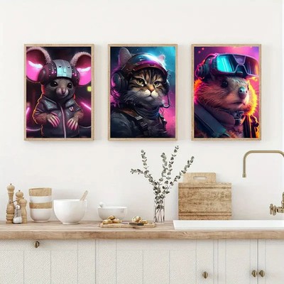 3pcs Rat & Cat Cyberpunk Headphones Wall Art Poster Prints, Boho Wall Decor