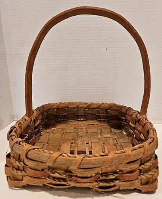 VINTAGE HANDMADE Woven Natural Wood BASKET WITH HANDLE ~ 12 1/4'' x 10 3/4''