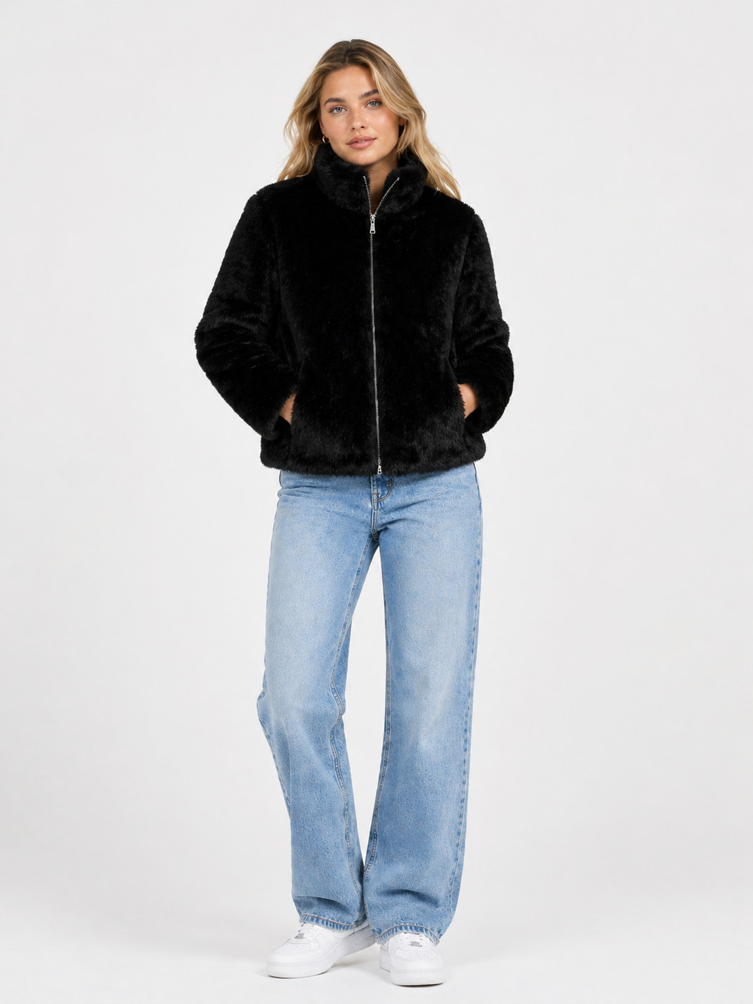 Authentic Black Fur Women  Jacket Winter Warm Coat Zip Up Casual Luxury style image 4