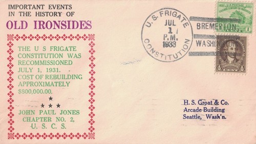 1 Jul 1933 Naval Cover, USF Constitution, #2229 Bremerton WA cancel