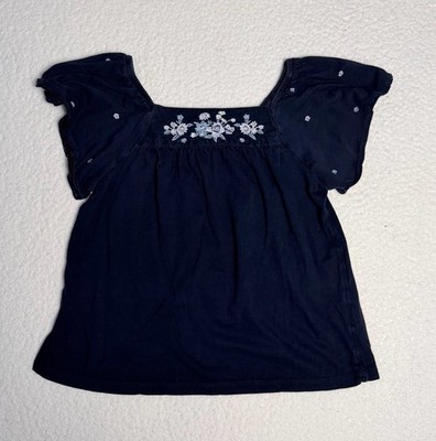 Gap Kids Floral Embroidered Flutter Sleeve Navy Top