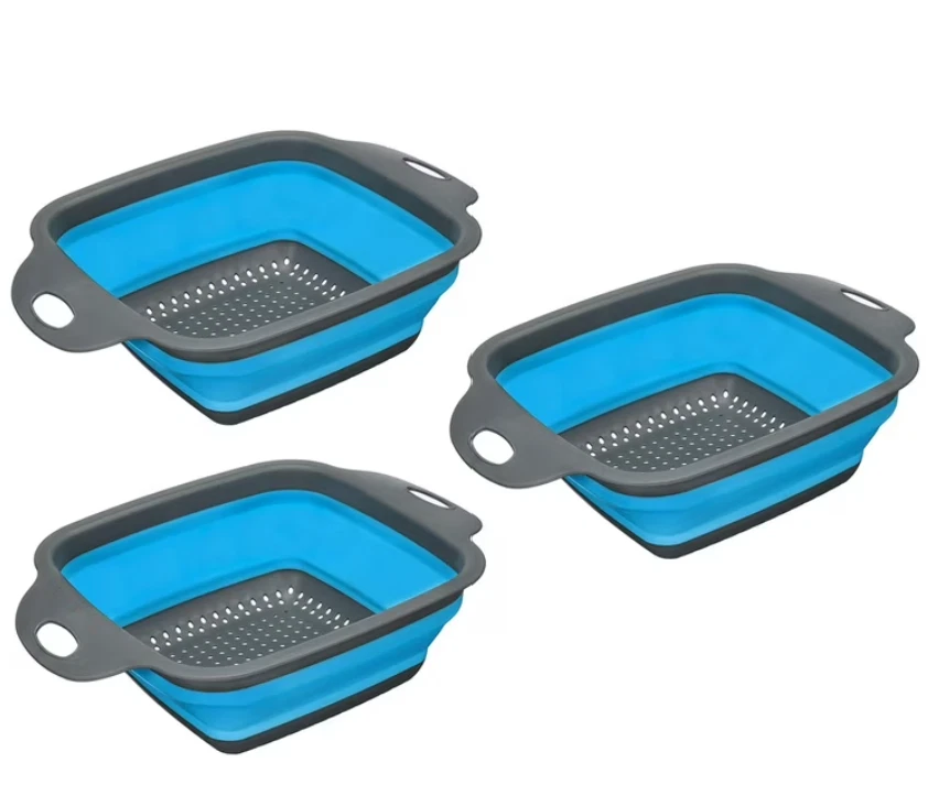3 PCS Collapsible Colander Set Silicone Square Foldable Strainer Blue