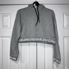 WOMEN'S CALVIN KLEIN PERFORMANCE HOODIE GRAY SWEATSHIRT CROPPED SIZE M