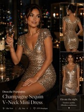 Dress The Population Gold Sequin Party Dress V-Neck Bodycon Size Small
