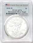 2018 W BURNISHED SILVER EAGLE W MINT MARK FIRST DAY OF ISSUE PCGS SP70/MS70 FLAG
