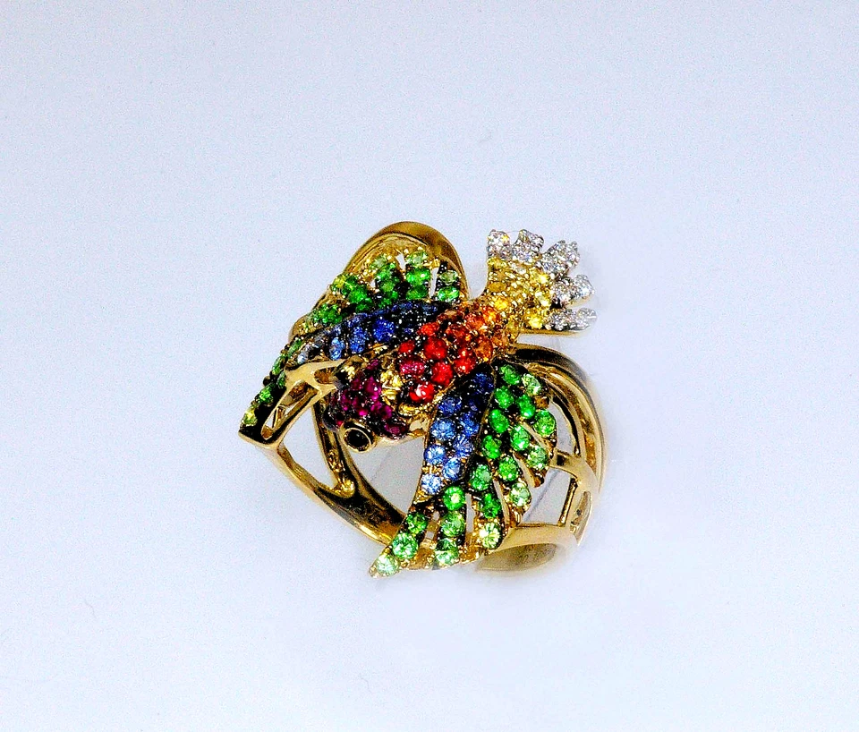 18k, BIRD RING, MULTI COLOR GEM, DIAMOND, RUBY, BLUE SAPPHIRE, GREEN GARNET - Image 4 of 4