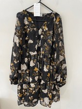 VILA Vilulu Sheer Dress Size 10 Mini Sleeved Mustard Floral Boho Baby Doll