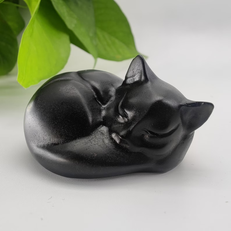 2" Black Obsidian Sleeping Cat Statue Hand-Carved Healing Stone Kitten Statue