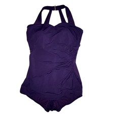 Lands' End Purple One Piece Swimsuit Women's Size 10DD UPF 50 Racerback Shirred