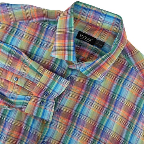 St Croix Mens XL 100% Linen Button Down Shirt Multi Color Plaid Made in Italy