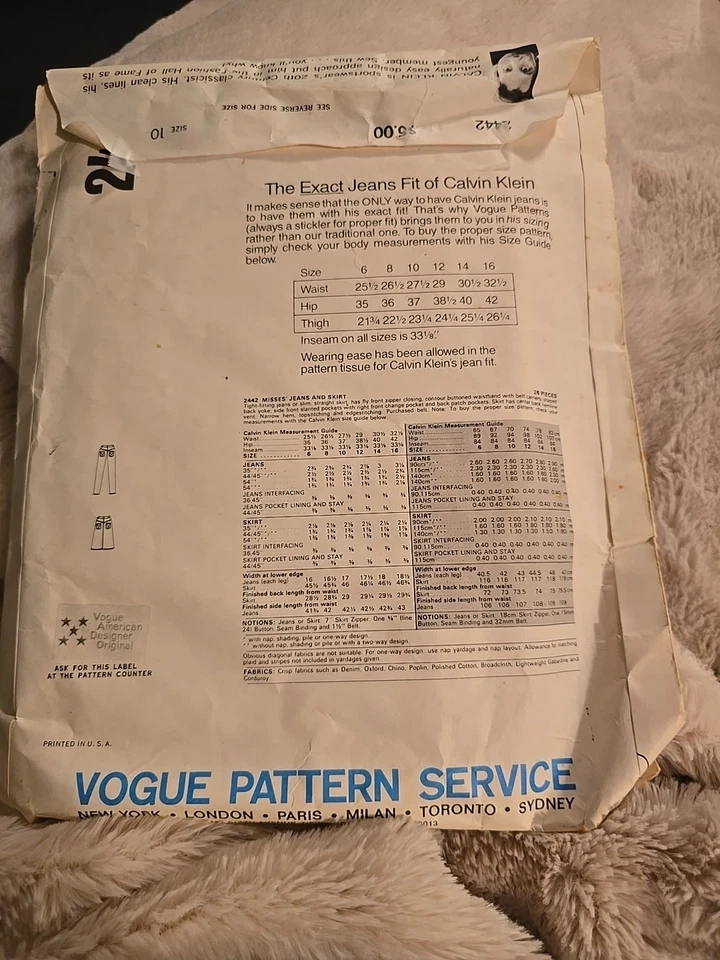 Pantalones de mezclilla vintage de diseño de moda Calvin Klein patrón 2442 talla 10 corte y cuadros Foto 2 de 2