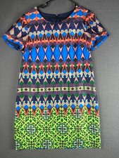 J Crew Sz 10 Navy Blue Multi Geometric Design Lined Silk Polyester Shift Dress