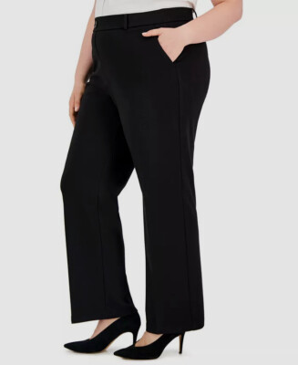 womens black dress pants plus size Plus Size High Waisted Wide Leg Crepe Knit Dress Pants main image 0