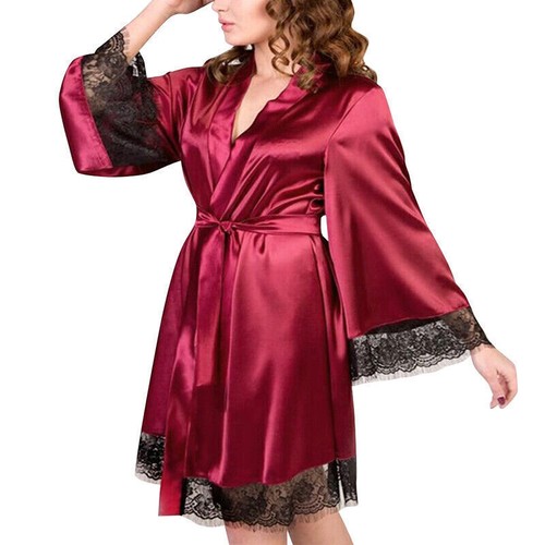 Women Satin Silk Lace Lingerie Sleepwear Sexy Kimono Bath Robe Gown Nightdress - Picture 32 of 33
