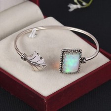 Delicate Cuff Bangle Bracelet 925 Silver With Leaf Aurora Opal For Birthday Gift