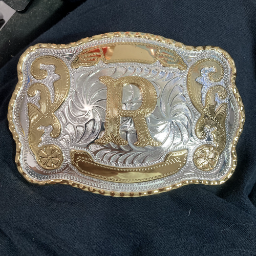Western Belt Buckle Letter Initial R Monogram Silver Gold tone 5