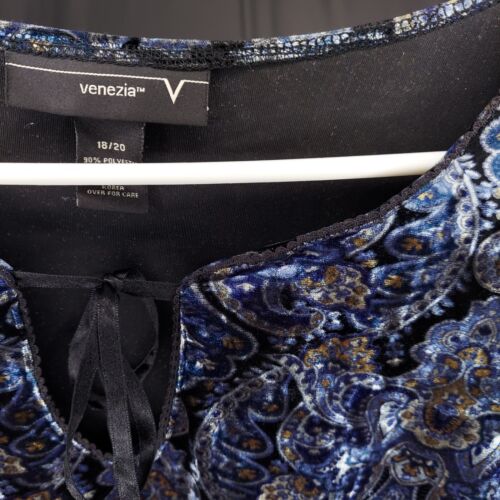 Venezia Vtg Velvet Top Women 18/20 Paisley Tie Neck Long Sleeve Stretch Y2K - Picture 8 of 10