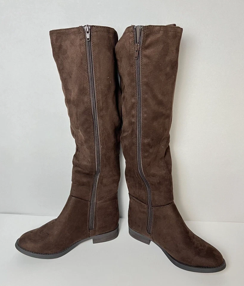 NUEVO SIN CAJA "SODA" HASTA LA RODILLA GAMUZA PLANA CREMALLERA BORLA BOTA MARRÓN TALLA 6 Foto 3 de 4