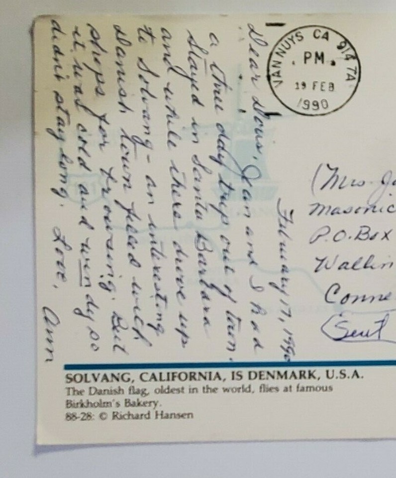 Solvang California id Denmark USA Posted Postcard 2/19/90