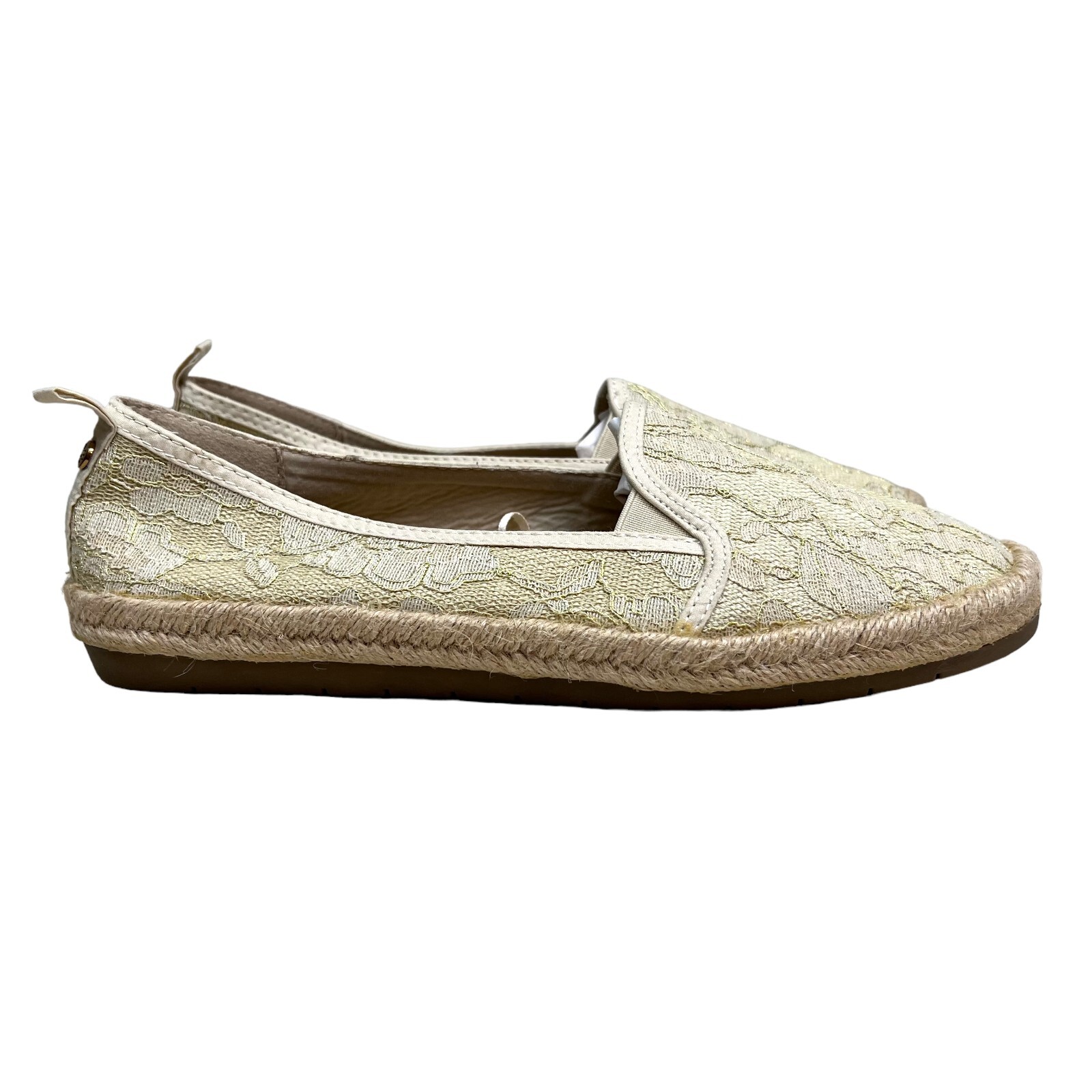 London Fog LALA Lace Pattern Slip On Espadrilles Shoes Cream Cushioned Women 9M^