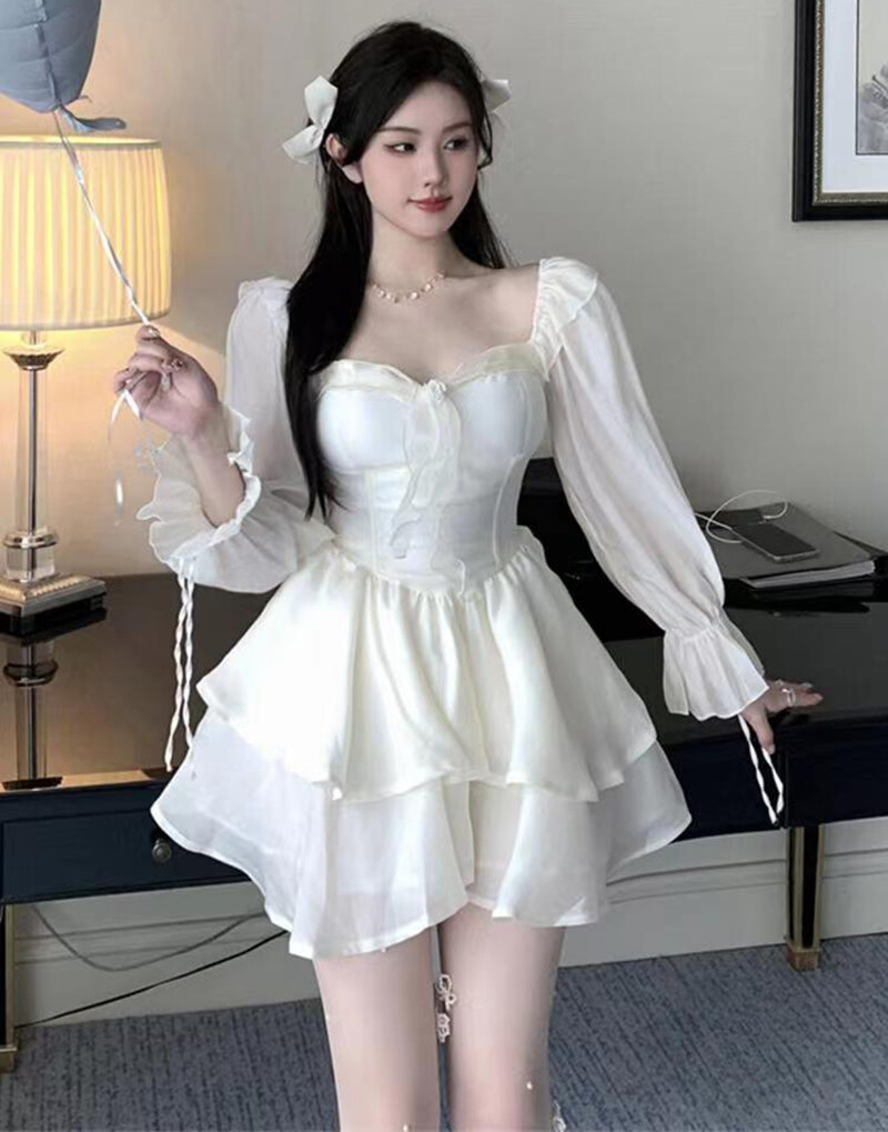 Sweet Girls Fairy Ruffles Princess A-Line Dress Puff Sleeve