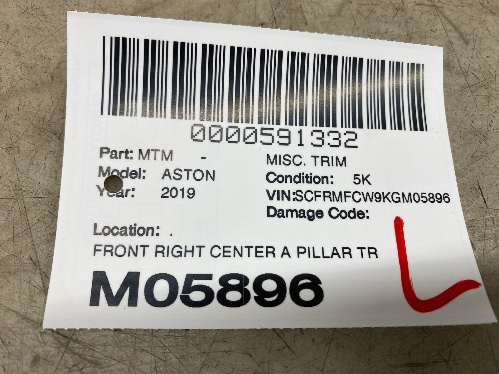 2017-2023 ASTON MARTIN DB11 FRONT RIGHT CENTER A PILLAR TRIM COVER PANEL (NOTE!)