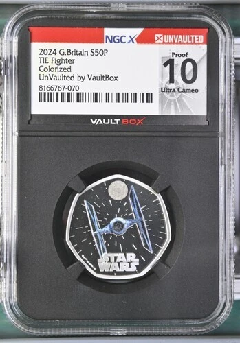 Star Wars TIE Fighter Coin, 2024 G.Britain S50P, NGC Proof 10 Ultra Cameo Unvaul