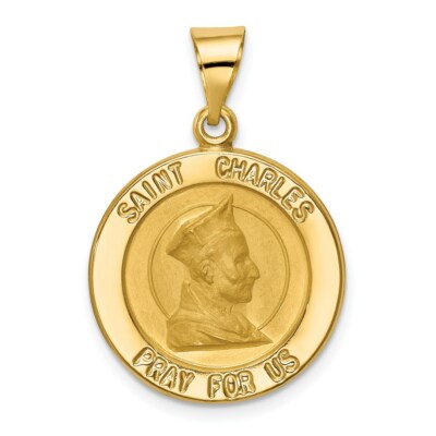 14K Gelbgold poliert und satiniert St. Charles Medaille Anhänger 18mm Breite