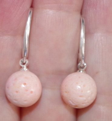 HANDMADE STERLING GENUINE SEA ANGEL SKIN CORAL 11 MM BALL  DROP EARRINGS