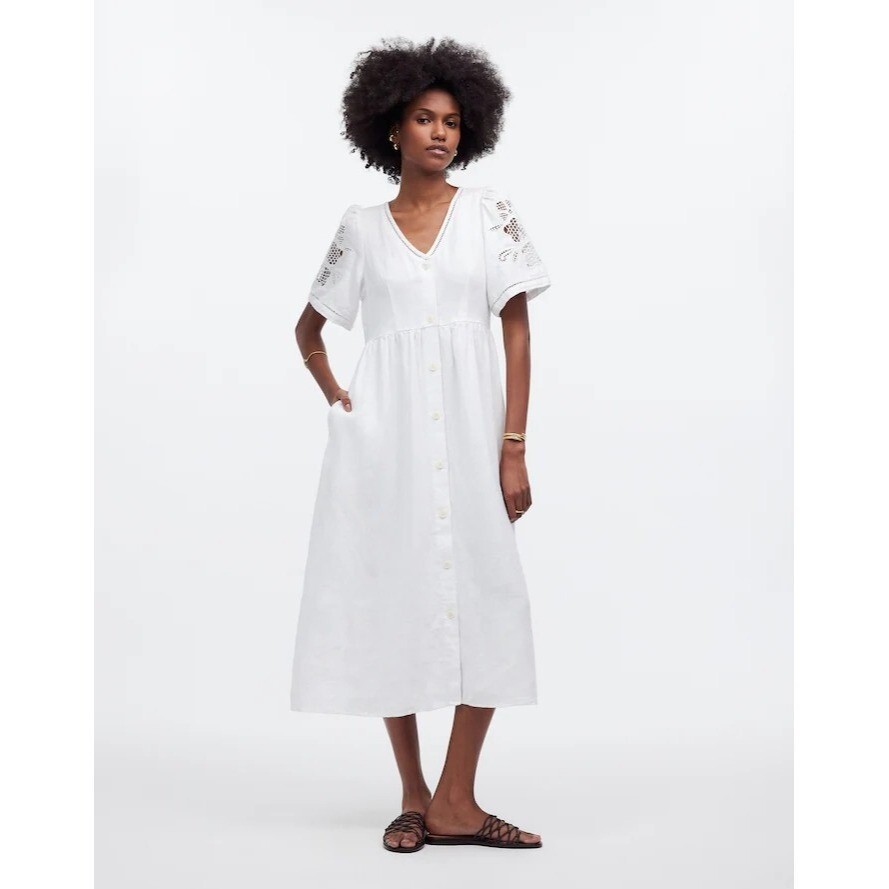 Women's Cassie Button-Front Midi Dress in Embroidered Linen - Size S | Madewell Women's Cassie Button-Front Midi Dress in Embroidered Linen - Size S | Madewell