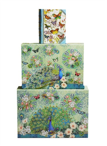 Punch Studio Stationery 3-Pc Nesting Book Boxes Set Keepsake Storage Peacock NEW - Picture 2 of 9