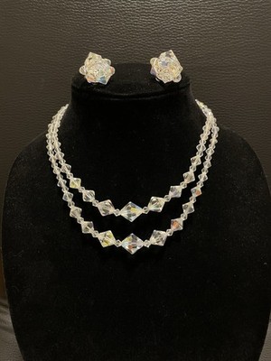 1950s Aurora Borealis Double Strand Crystal Choker Necklace & Earrings Set Vintg