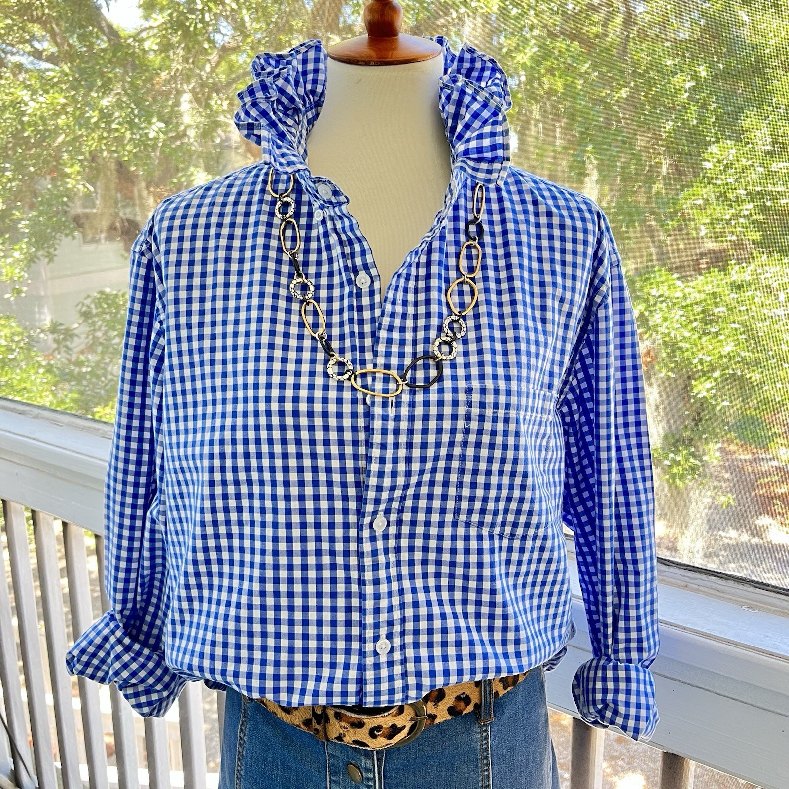Upcycled Re-worked J. Crew Royal Blue Check Prep Classic Ruffle Collar Shirt XL