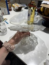 Clear Glass Pedestal Cake Stand, Round Starburst Pattern, Decorative