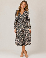 London Times Floral Dress Black/Cream/Blush Long Sleeve Smocked Midi NWT Large