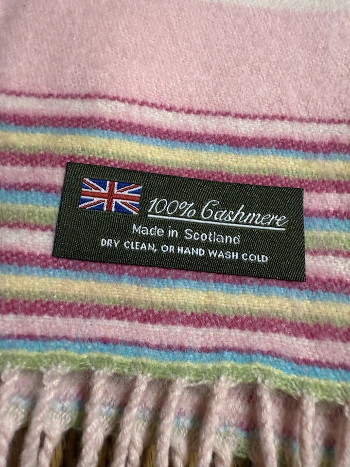 "Bufanda a rayas pastel 100 % cachemir hecha en Escocia flecos 69"" dinero Barbiecore" Foto 3 de 4
