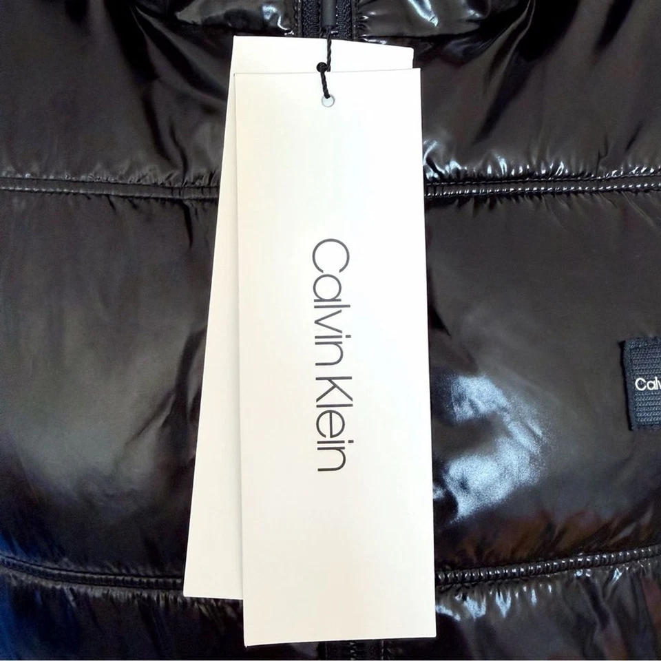 Calvin Klein Hooded Puffer Vest Mens Size Medium Shiny Black Chrome Silver Hood - Image 3 of 4
