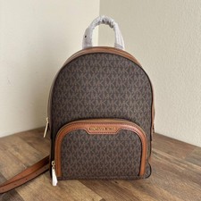 Michael Kors Jaycee Medium Zip Pocket Backpack Brown Signature Logo Leather Trim